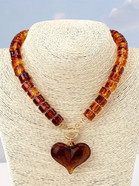 Jewelry - Amber-Tone Heart Pendant Beaded Necklace - Women Jewelry
